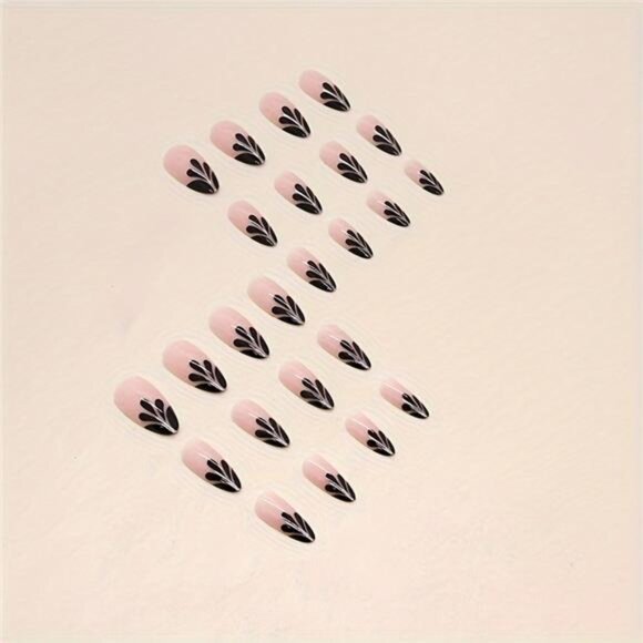 24-Piece Almond-Shaped French Press On Nails with Black Petal Drop Design - Picture 2 of 7